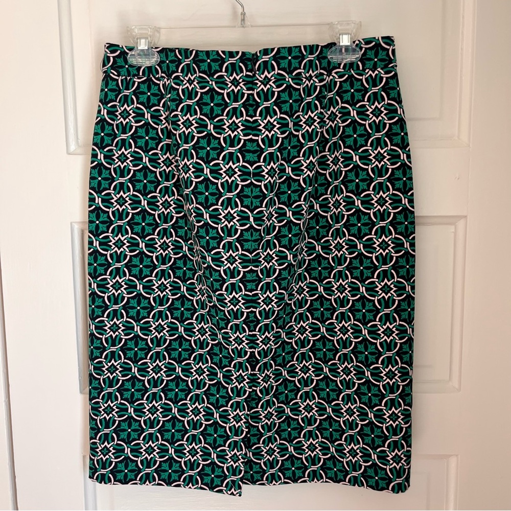 J. Crew Green and White Patterned Pencil Skirt